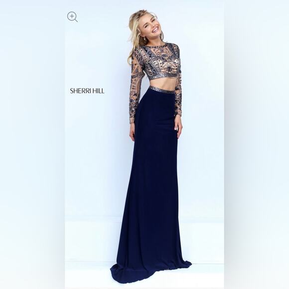 sherri hill navy blue beaded dress Sherri Hill Open Back Print Prom Dress 57226 Ivory/Blue / 2 main image 0